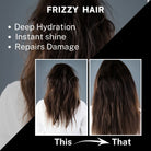 Before and After visual demonstrating the serum's effect on Frizzy Hair. Benefits listed: Deep Hydration, Instant shine, and Repairs Damage. The "This to That" arrow shows the improvement from frizzy to smooth hair.