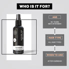 "Who is it for?" graphic for House of Beauty Hair Serum. Answers: Age (16+ years, Men or Women), Hair Type (All hair types), and When to Use (After Hairwash).