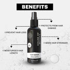 Benefits graphic for House of Beauty Hair Serum. Key benefits listed: Protects from hair damage, Prevents hair loss, Moisturizes hair length, and Makes hair stronger. Ingredients mentioned: Argan, Vitamin E, Natural Squalene.