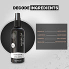 "Decode Ingredients" graphic for House of Beauty Hair Serum. Lists key ingredients and functions: Argan Oil (Moisturizer), Almond Oil (Moisturiser), Vitamin E (Anti Oxidant), and Squalene (Detoxification).