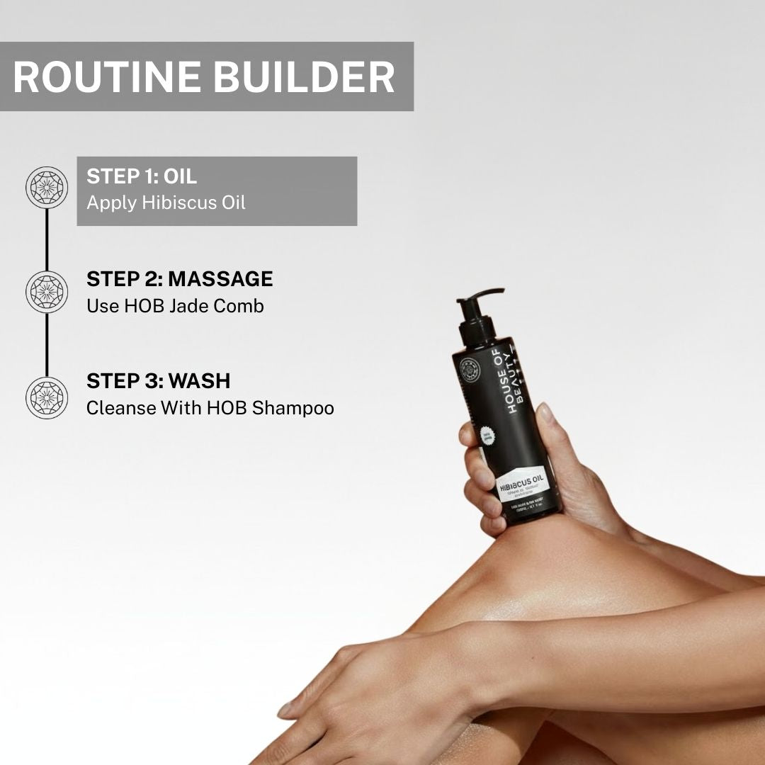 Hair care routine using hibiscus oil with scalp massage and cleansing shampoo for stronger and healthier hair.