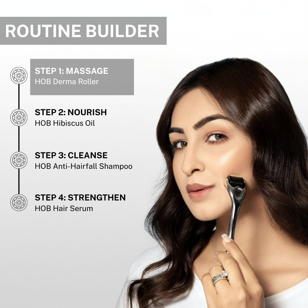 Hair care routine guide featuring House of Beauty derma roller, hibiscus oil, anti-hairfall shampoo, and hair serum for strengthening and nourishing hair.