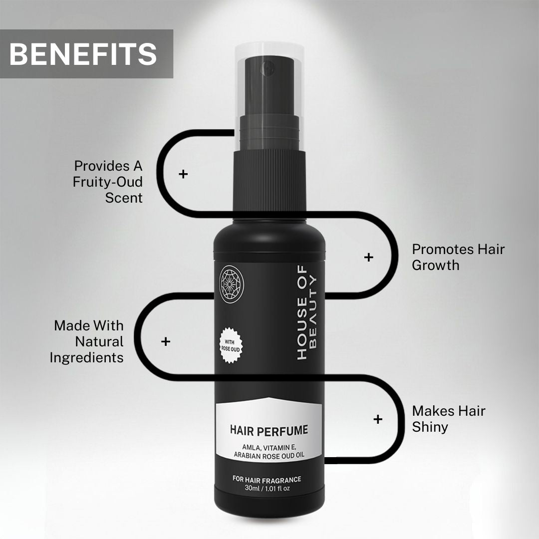 A close-up of House of Beauty Hair Perfume showing the bottle and box with highlighted benefits. It promotes hair growth, provides a fruity-oud scent, and makes hair shiny, all while being made with natural ingredients.