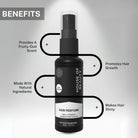 A close-up of House of Beauty Hair Perfume showing the bottle and box with highlighted benefits. It promotes hair growth, provides a fruity-oud scent, and makes hair shiny, all while being made with natural ingredients.