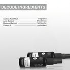 An informative breakdown of the ingredients in House of Beauty Hair Perfume, featuring Arabian Rose Oud, Amla Extract, Bhringraj Extract, and Vitamin E, with each ingredient's function listed