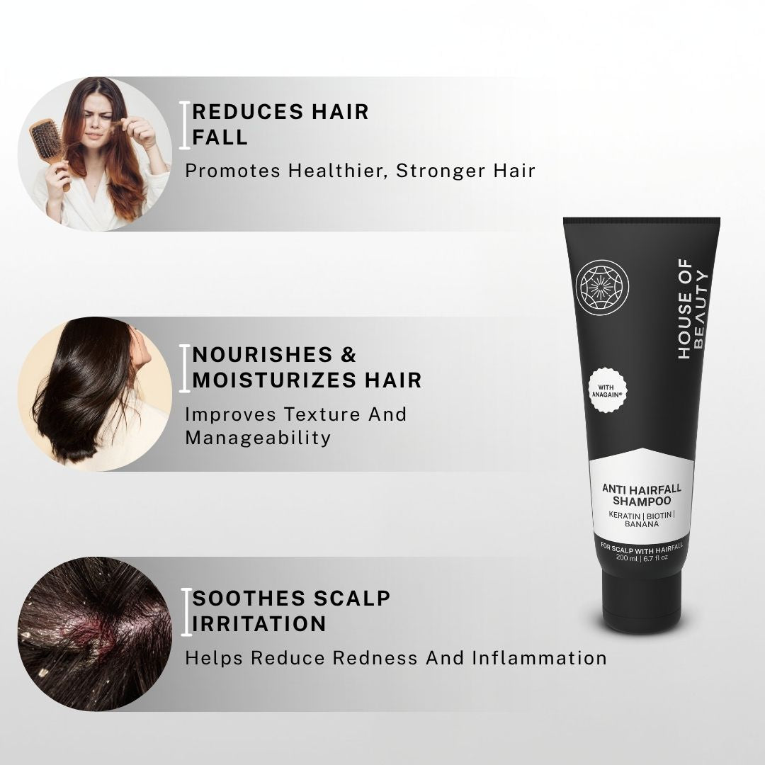 Product benefits infographic showing reduced hair fall, nourished hair, and scalp irritation relief with House of Beauty Anti Hairfall Shampoo.