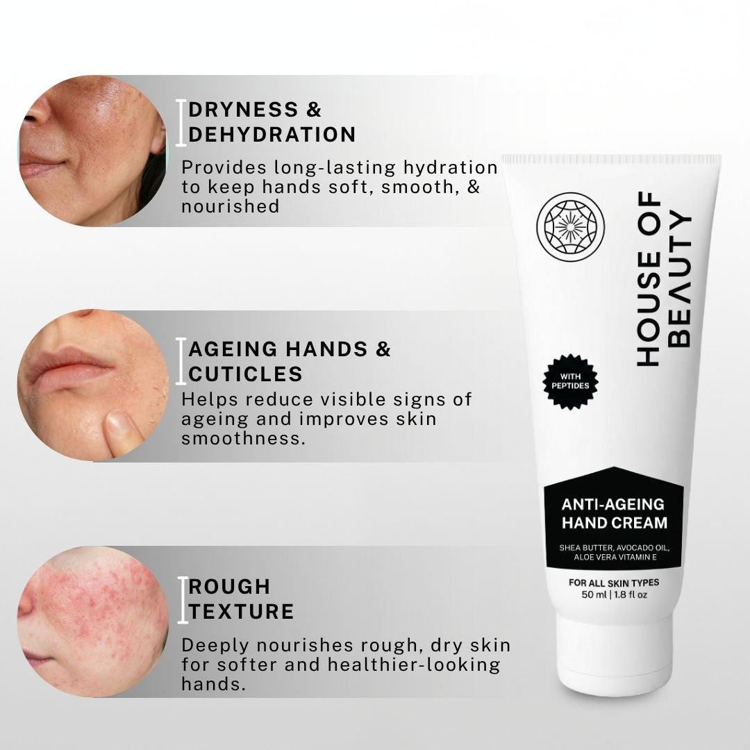 House of Beauty Anti-Ageing Hand Cream helps dryness, dehydration, rough texture, and visible signs of aging on hands.