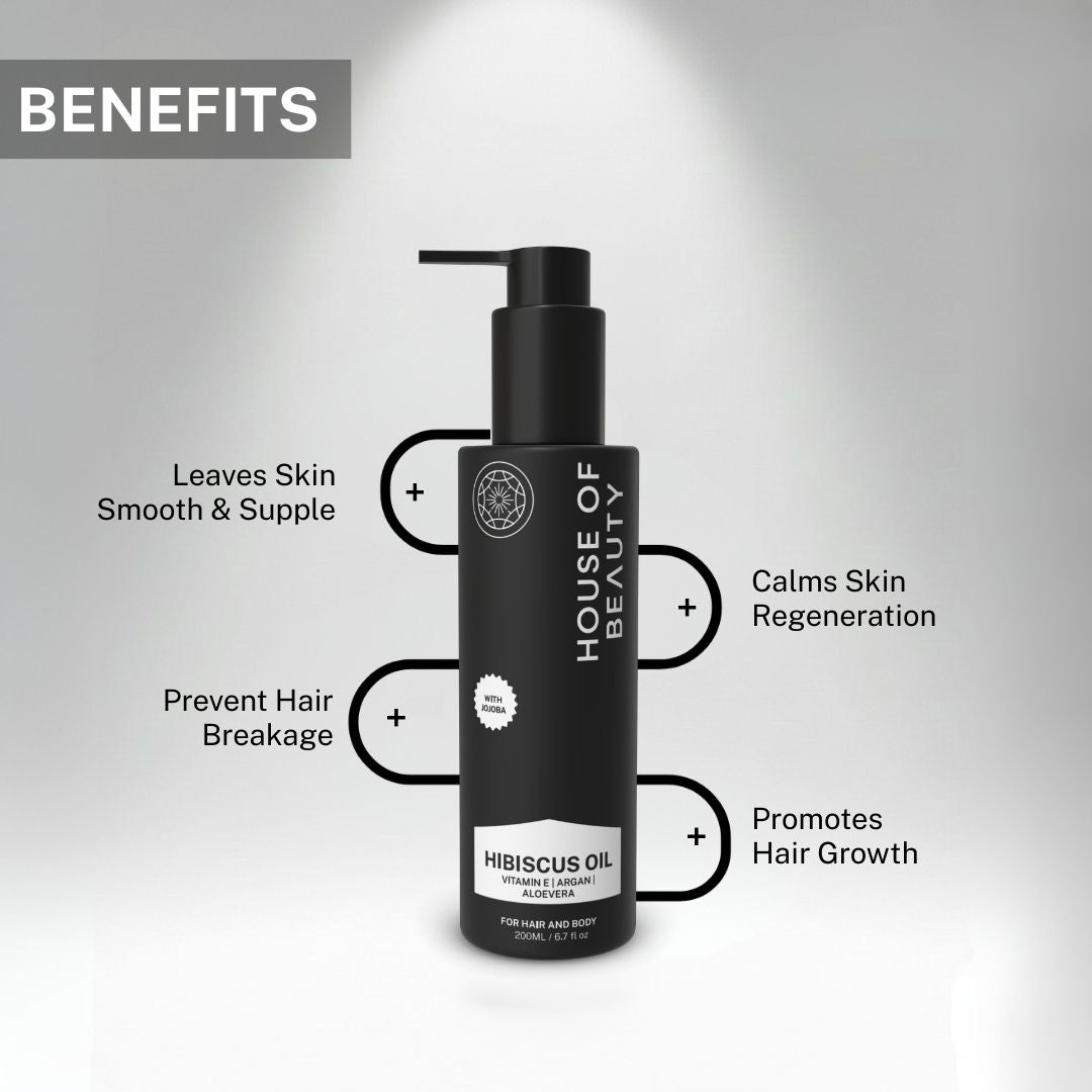 Benefits of hibiscus hair oil showing smoother hair, reduced breakage, improved scalp regeneration and natural hair growth support.