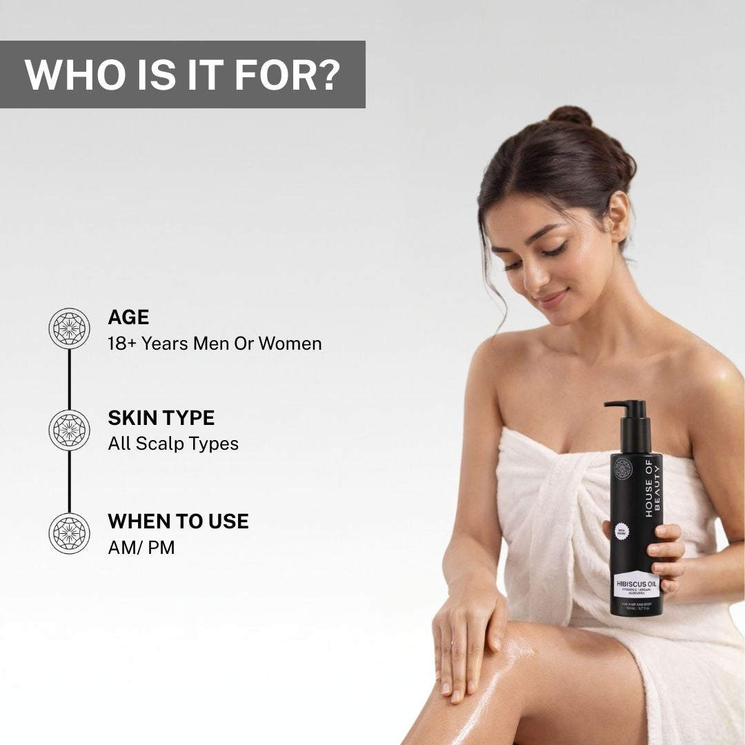 Woman applying House of Beauty Hibiscus Oil suitable for men and women aged 18 plus for all scalp types.