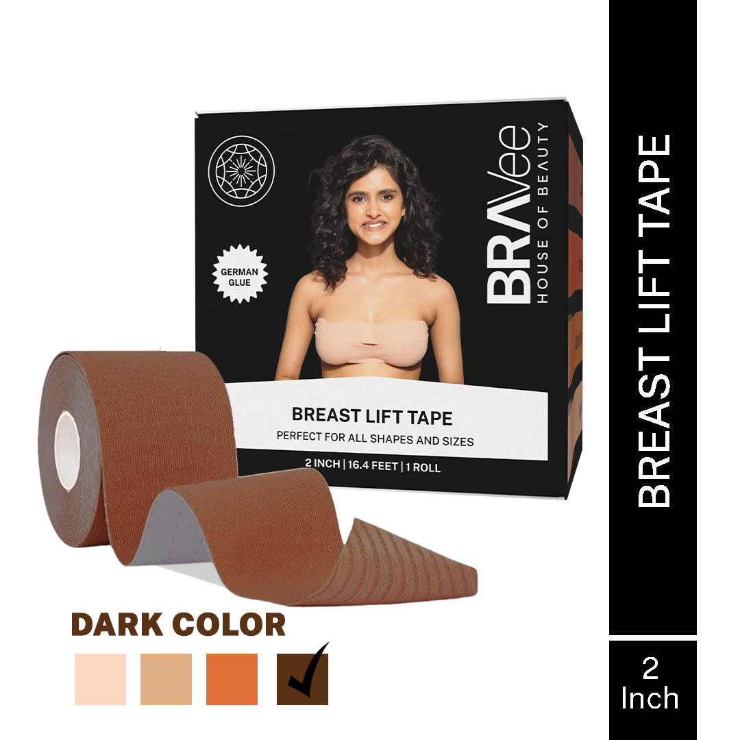 A product box for Bravee Breast Lift Tape, labeled "DARK COLOR" with the corresponding color swatch checked. The tape features "GERMAN GLUE" and is described as "PERFECT FOR ALL SHAPES AND SIZES," with dimensions of "2 INCH | 16.4 FEET | 1 ROLL."