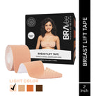 A product box for Bravee Breast Lift Tape, labeled "LIGHT COLOR" with the corresponding color swatch checked. The tape features "GERMAN GLUE" and is described as "PERFECT FOR ALL SHAPES AND SIZES," with dimensions of "2 INCH | 16.4 FEET | 1 ROLL."