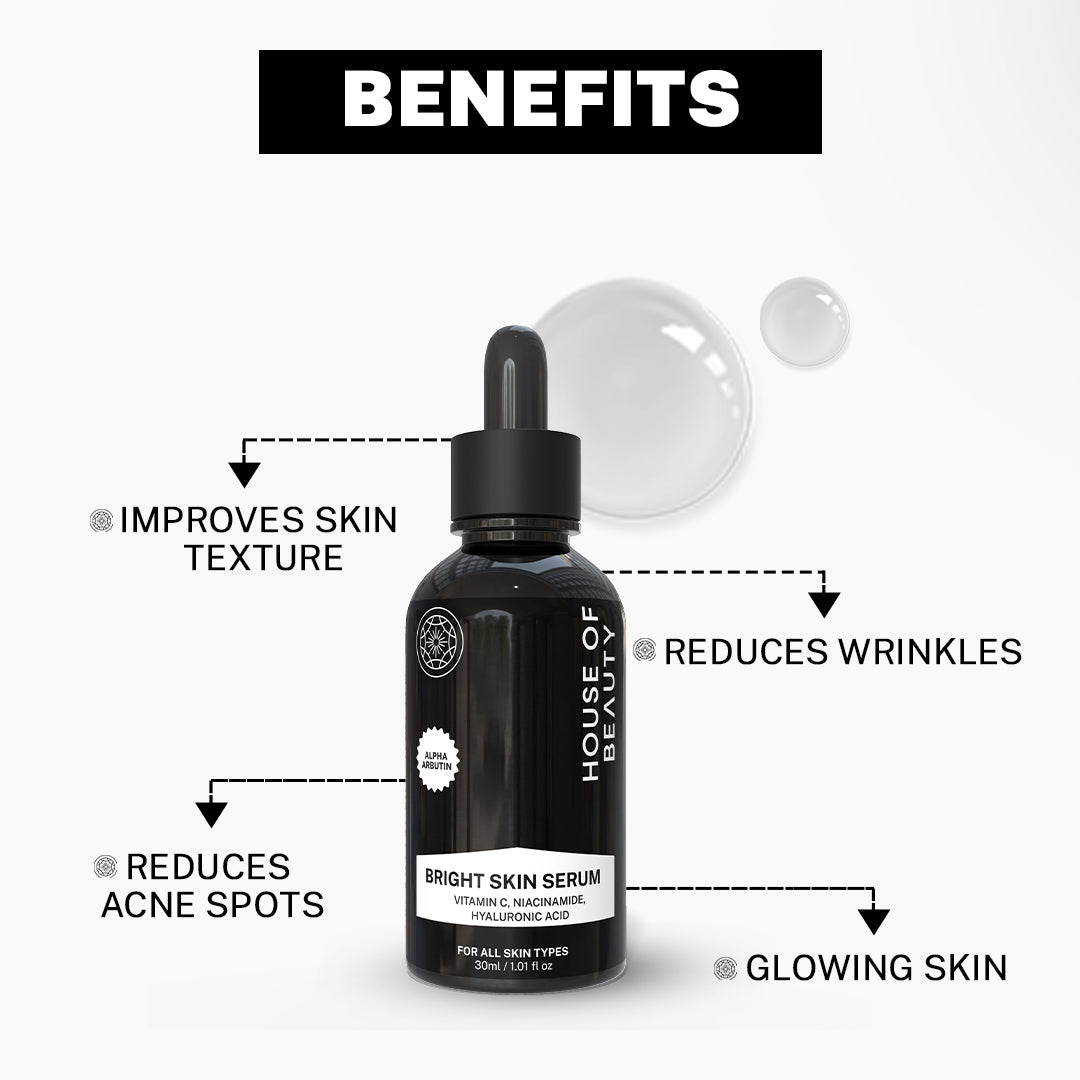 Benefits graphic for House of Beauty Bright Skin Serum with Alpha Arbutin, Vitamin C, Niacinamide, and Hyaluronic Acid. Key benefits listed: Improves skin texture, Reduces acne spots, Reduces wrinkles, and Glowing skin.