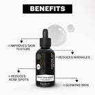 Benefits graphic for House of Beauty Bright Skin Serum with Alpha Arbutin, Vitamin C, Niacinamide, and Hyaluronic Acid. Key benefits listed: Improves skin texture, Reduces acne spots, Reduces wrinkles, and Glowing skin.