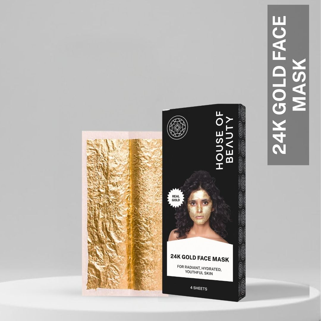 House of Beauty 24K Gold Face Mask sheets with packaging containing real gold leaf mask for radiant, hydrated and youthful skin.