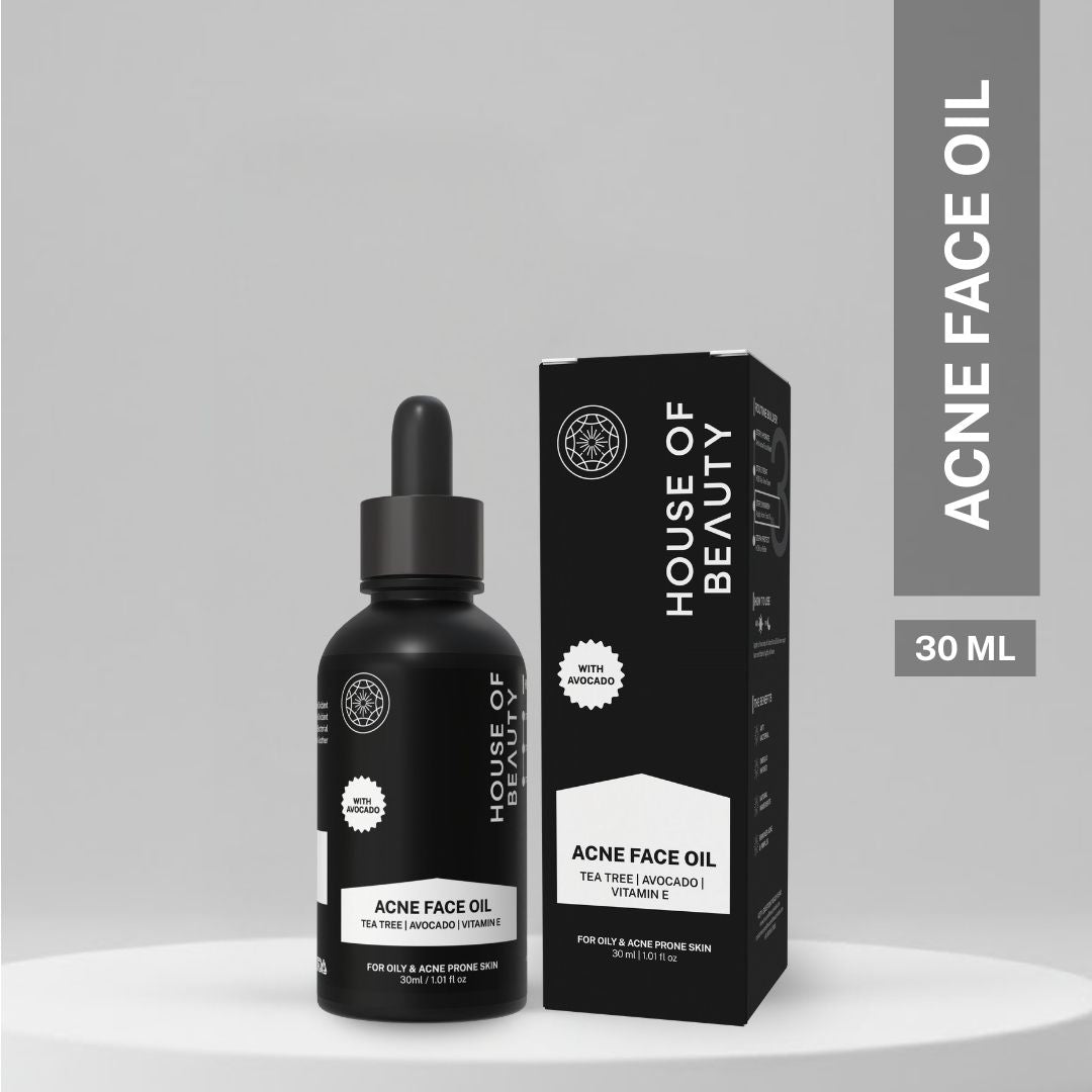 House of Beauty acne face oil with tea tree, avocado, and vitamin E, designed for oily and acne-prone skin to reduce acne and pimples.