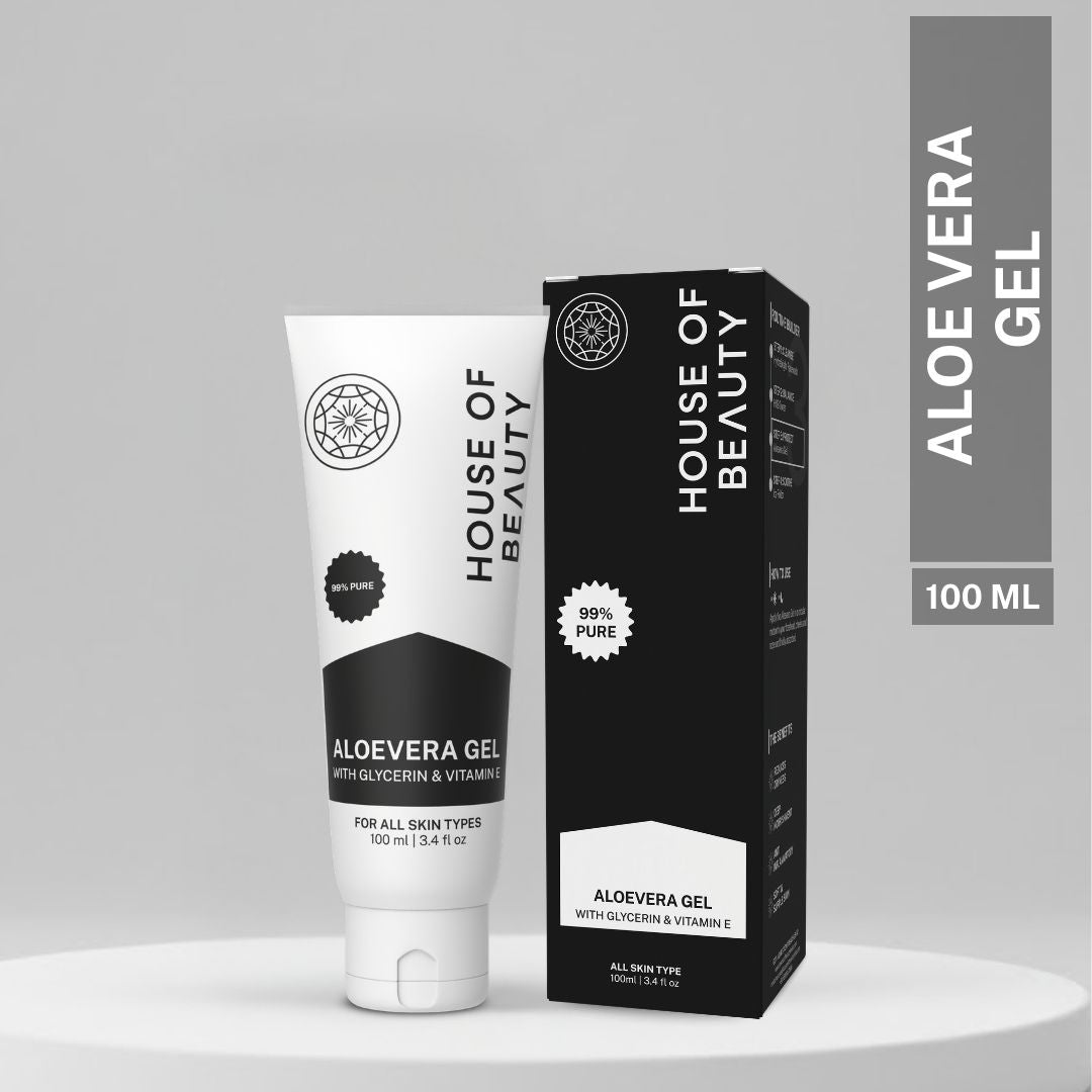 House of Beauty Aloe Vera Gel 100ml with glycerin and vitamin E for soothing, hydrating and nourishing all skin types.