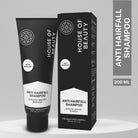 Black House of Beauty Anti Hairfall Shampoo 200ml tube and packaging box displayed on a clean grey platform background.