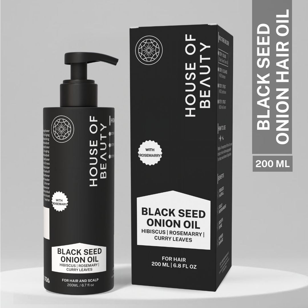 House of Beauty Black Seed Onion Hair Oil 200ml bottle with pump and outer box packaging, enriched with hibiscus, rosemary and curry leaves for hair and scalp.