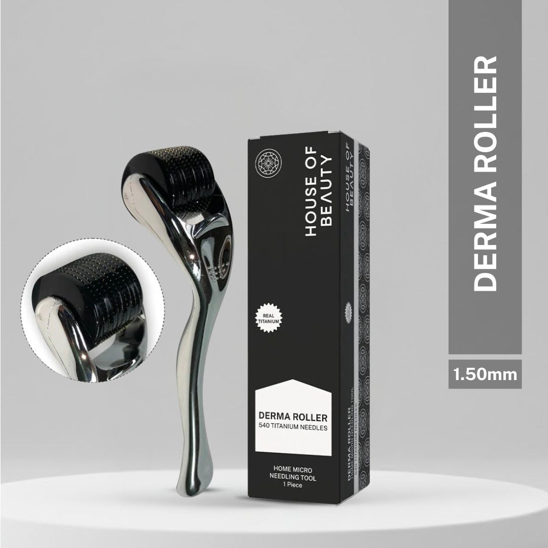 House of Beauty 1.5mm derma roller with 540 titanium needles displayed beside branded packaging on a minimal grey background.
