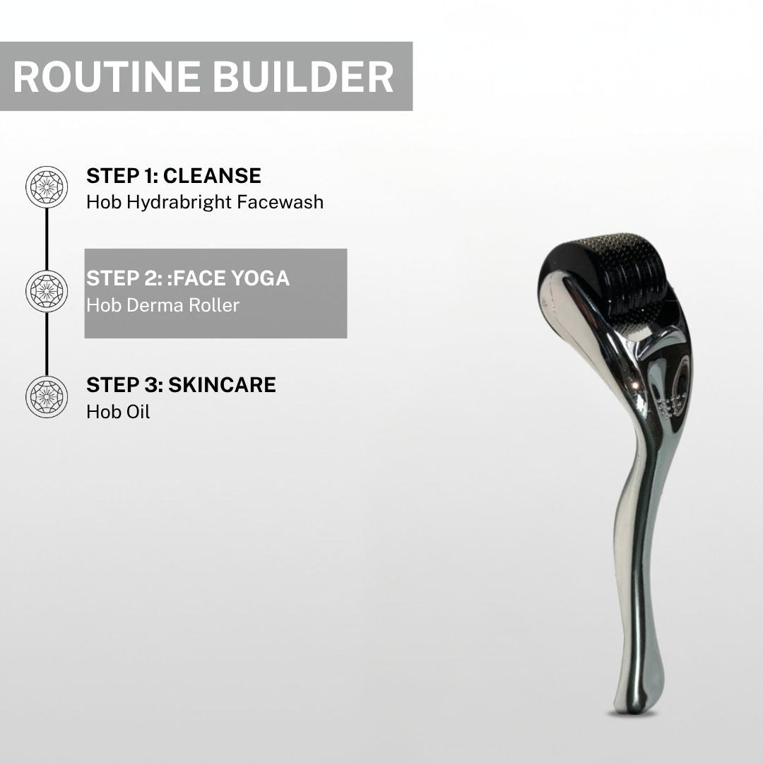 Skincare routine guide featuring House of Beauty facewash, derma roller, and facial oil as a three-step routine for healthy skin.