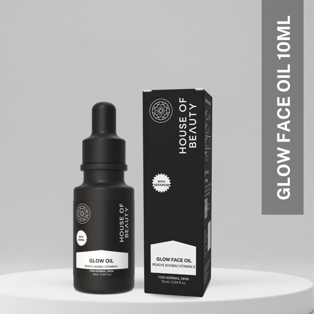 House of Beauty Glow Face Oil 30ml black dropper bottle with Peach Jojoba and Vitamin E for normal skin youthful glow and fine line reduction