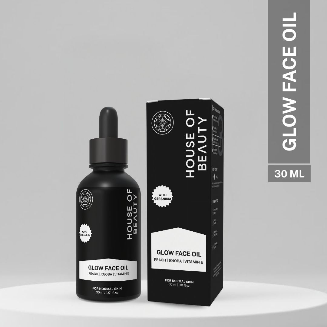 House of Beauty Glow Face Oil 30ml with peach oil, jojoba oil and vitamin E for glowing, hydrated and nourished skin.
