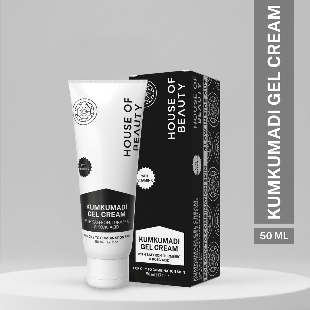 House of Beauty Kumkumadi gel cream 50ml with saffron, turmeric and kojic acid for brightening, hydrating and improving oily to combination skin.