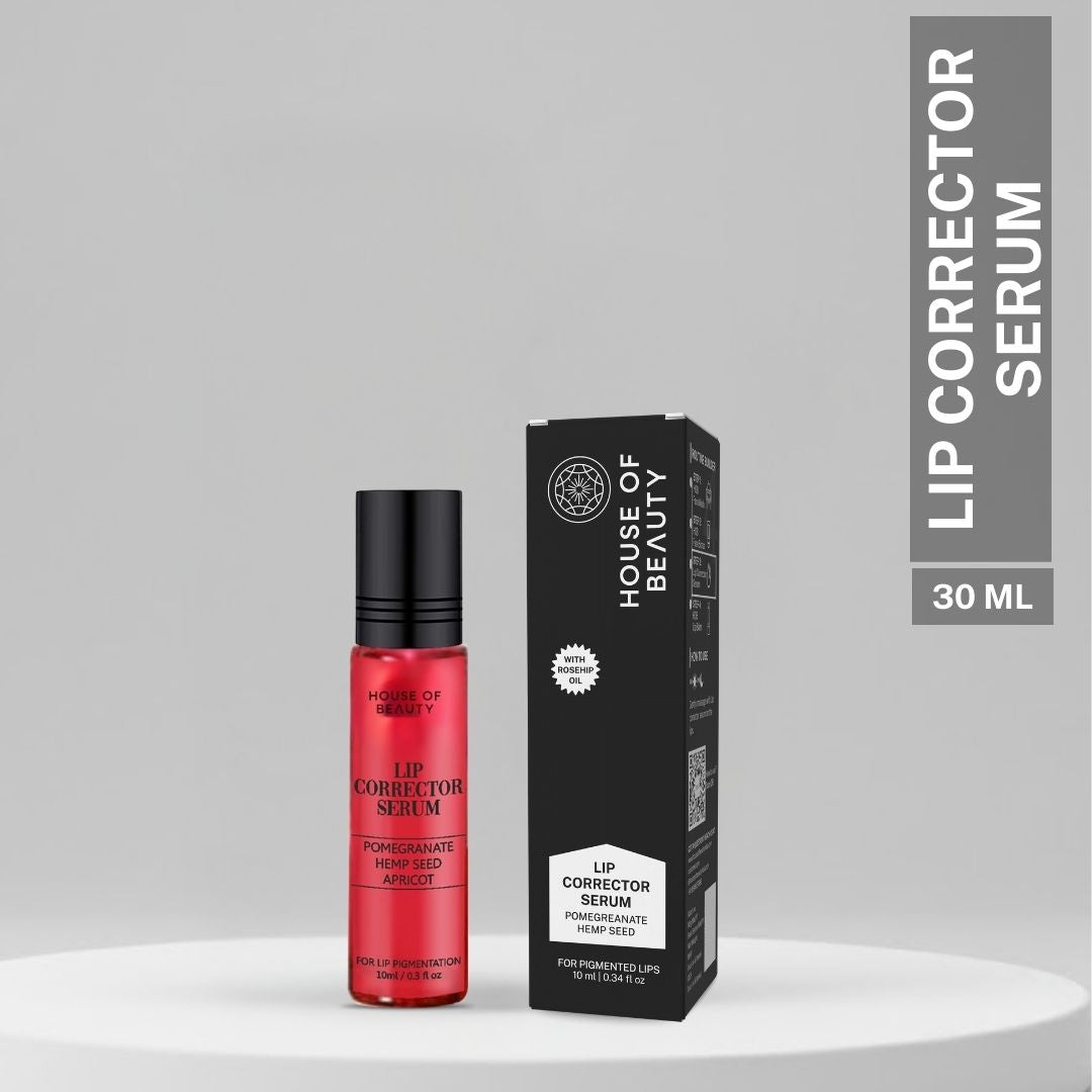 House of Beauty Lip Corrector Serum 10ml bottle with packaging for treating dark lip pigmentation using pomegranate, hemp seed and apricot extracts.