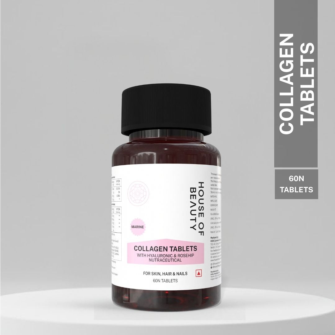 House of Beauty Marine Collagen Tablets bottle with Hyaluronic Acid and Rosehip, 60 nutraceutical tablets for skin, hair and nails support.