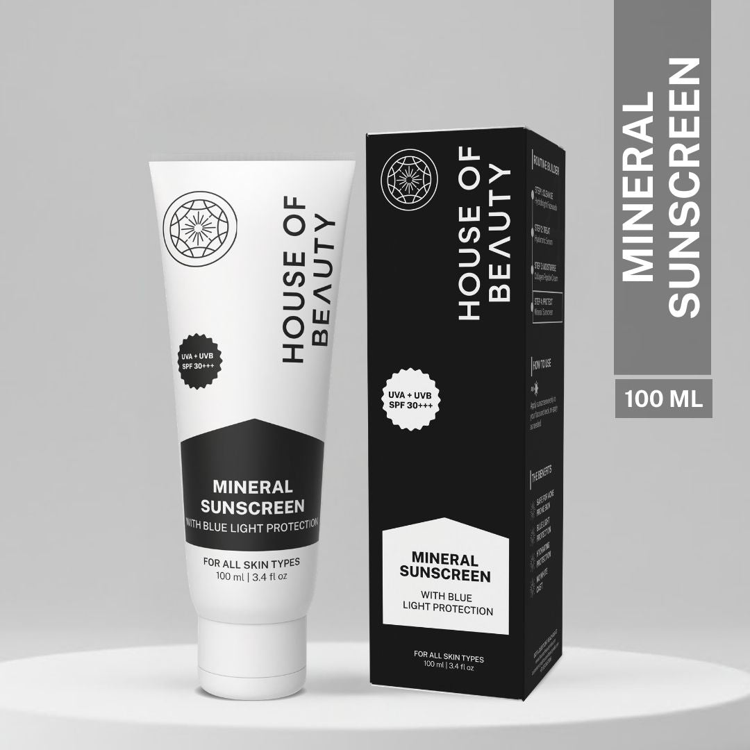 House of Beauty mineral sunscreen SPF 30+ with blue light protection 100ml for all skin types providing UVA and UVB sun protection.