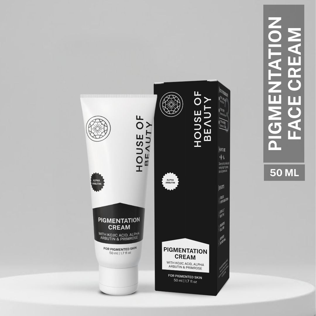 House of Beauty Pigmentation Face Cream 50ml with kojic acid, alpha arbutin and primrose oil for treating dark spots and hyperpigmentation.