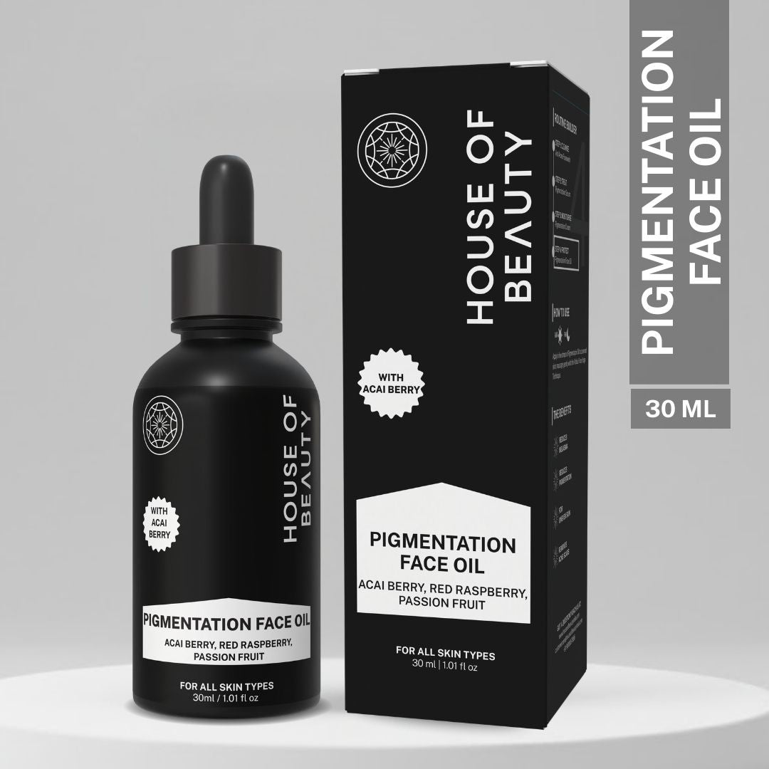 House of Beauty Pigmentation Face Oil 30ml bottle with dropper and outer box packaging, formulated with acai berry, red raspberry and passion fruit for all skin types.