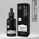 House of Beauty Pigmentation Face Oil 30ml bottle with dropper and outer box packaging, formulated with acai berry, red raspberry and passion fruit for all skin types.