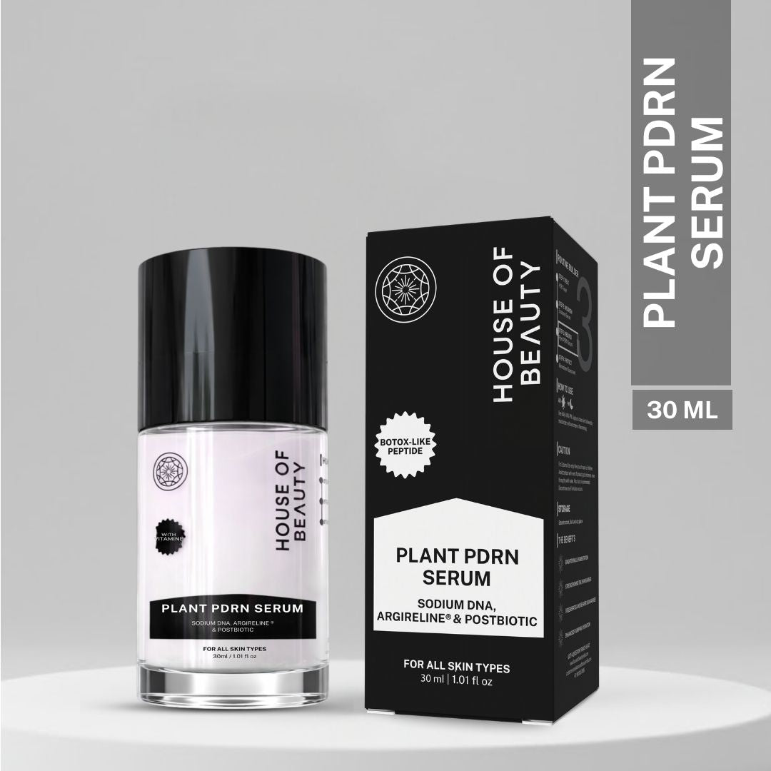 House of Beauty Plant PDRN Serum 30ml bottle with packaging box, formulated with korean sodium DNA, argireline peptide and postbiotic for skin repair and hydration.