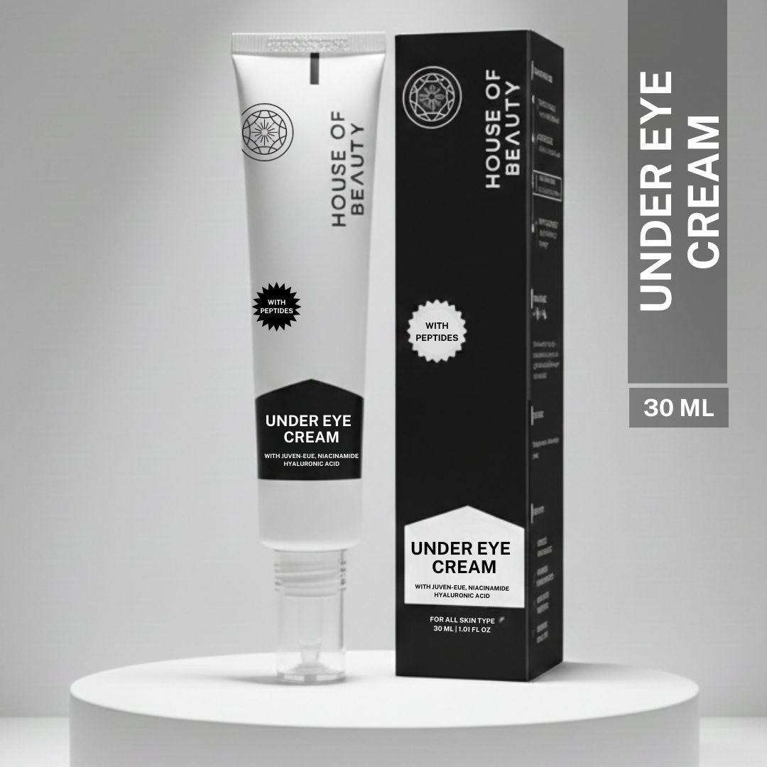 House of Beauty Under Eye Cream 30ml with peptides, niacinamide and hyaluronic acid for reducing dark circles, puffiness and fine lines.