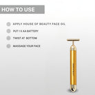 How to use House of Beauty 24K Face Massager – apply HOB Face Oil, put 1 AA battery, twist at bottom to switch on and massage your face in upward outward motion