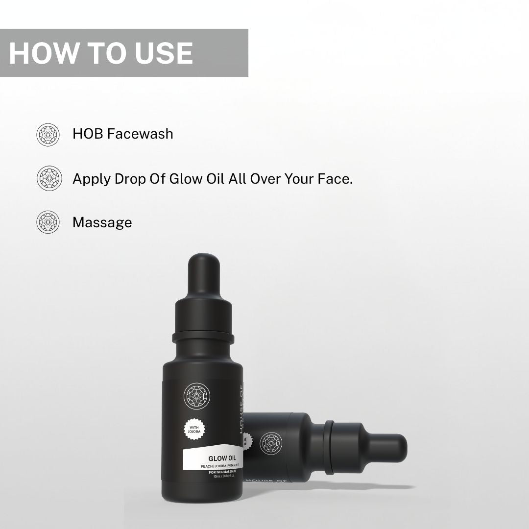 How to use House of Beauty Glow Face Oil – use HOB Facewash to cleanse, apply a drop of Glow Oil all over your face and massage for glowing youthful skin