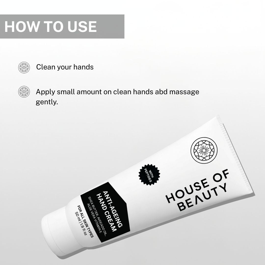 Instructions for applying House of Beauty Anti-Ageing Hand Cream on clean hands for hydration and nourishment.