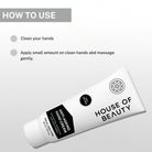 Instructions for applying House of Beauty Anti-Ageing Hand Cream on clean hands for hydration and nourishment.