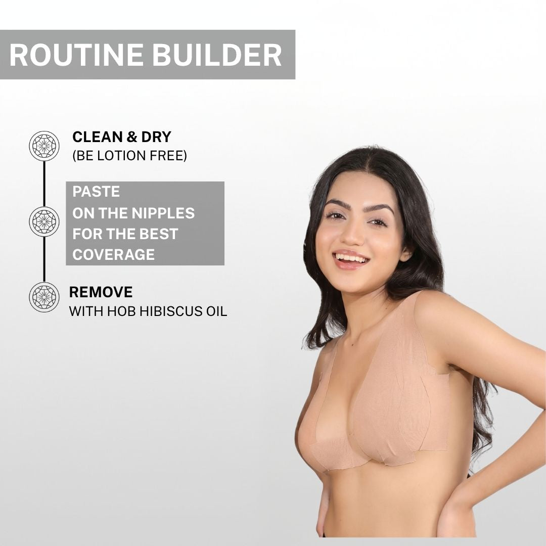 Woman demonstrating how to use breast lift tape on clean dry skin for best coverage and lift