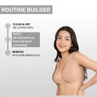 Woman demonstrating how to use breast lift tape on clean dry skin for best coverage and lift