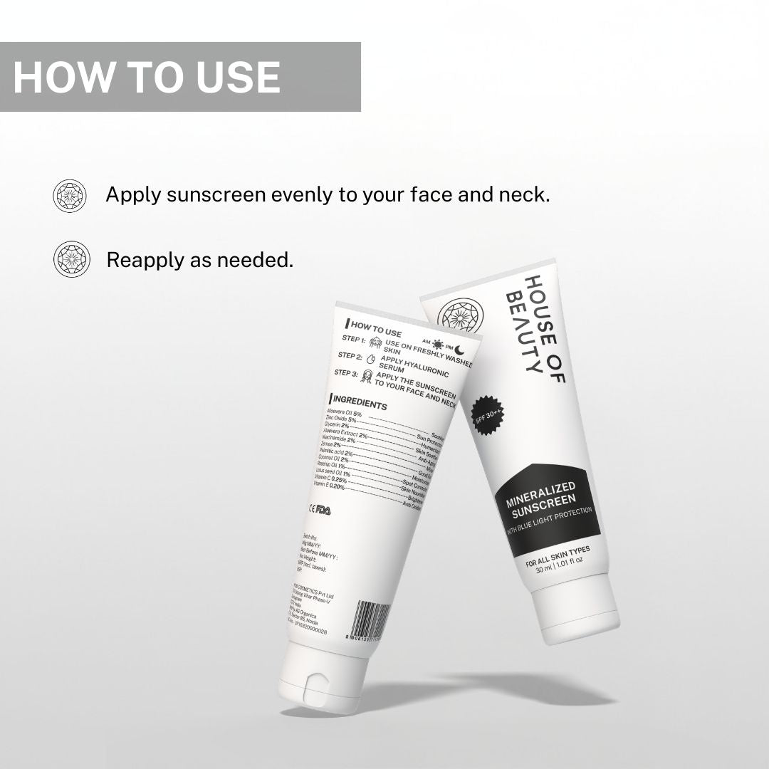 Instructions showing how to apply sunscreen evenly on face and neck and reapply regularly for best sun protection.