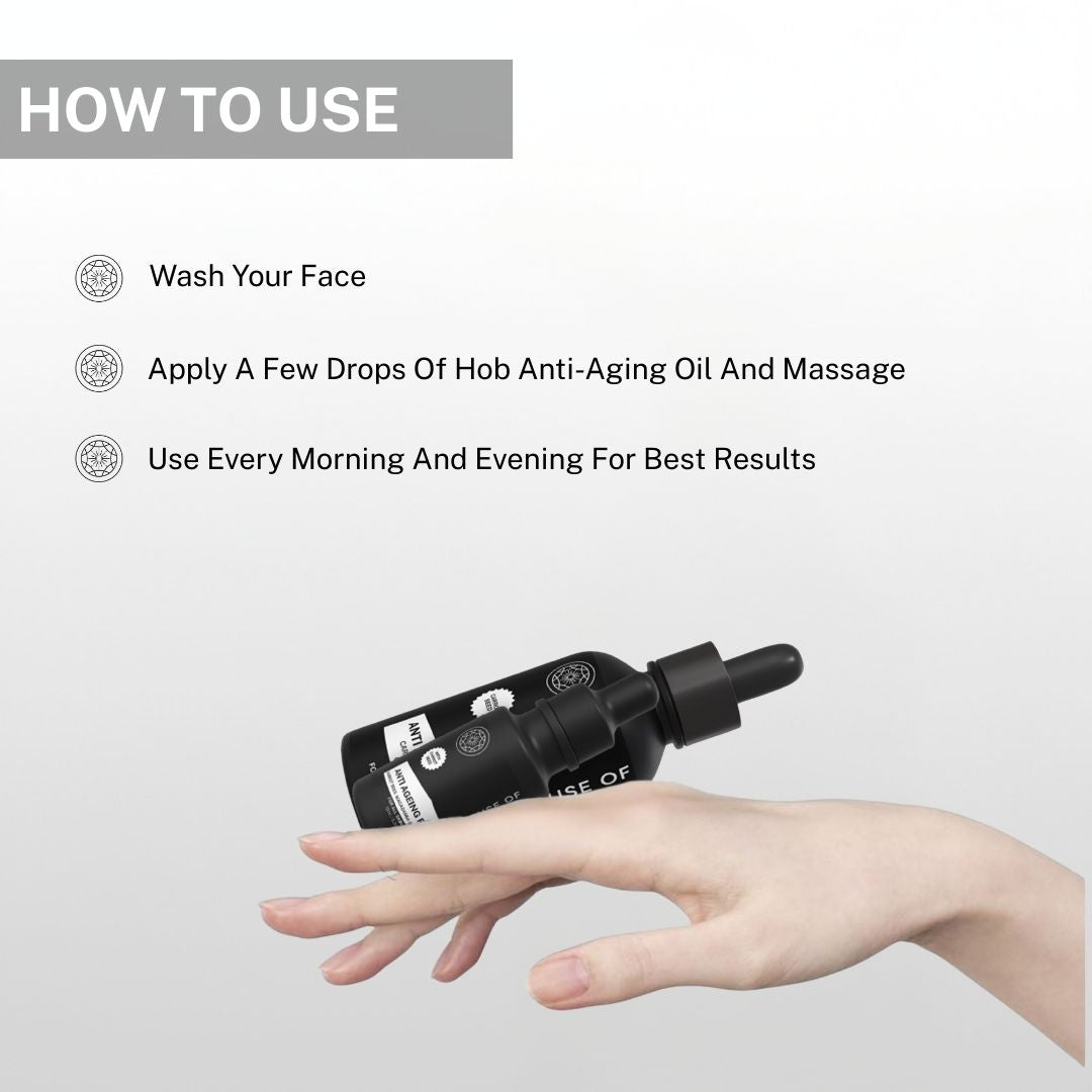 Instructions for using Anti-Ageing Face Oil: wash face, apply a few drops and massage gently, use every morning and evening for best results.