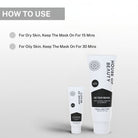 Instructions for using De-Tan Mask recommending 15 minutes for dry skin and 30 minutes for oily skin before rinsing.