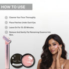 woman applying hydrogel eye patches under eyes with instructions for usage to reduce dark circles and hydrate skin
