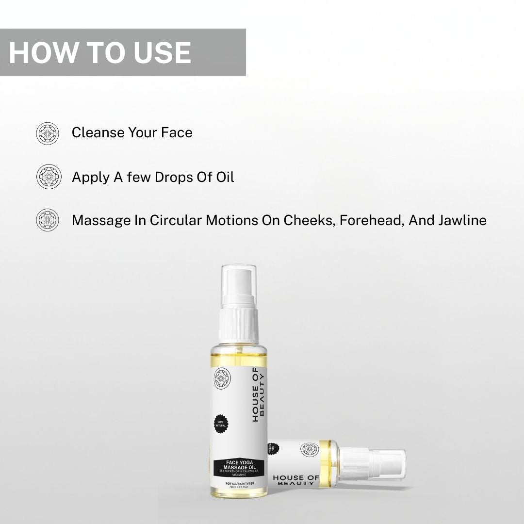 Instructions showing how to use House of Beauty Face Yoga Massage Oil by cleansing face, applying few drops and massaging cheeks, forehead and jawline.