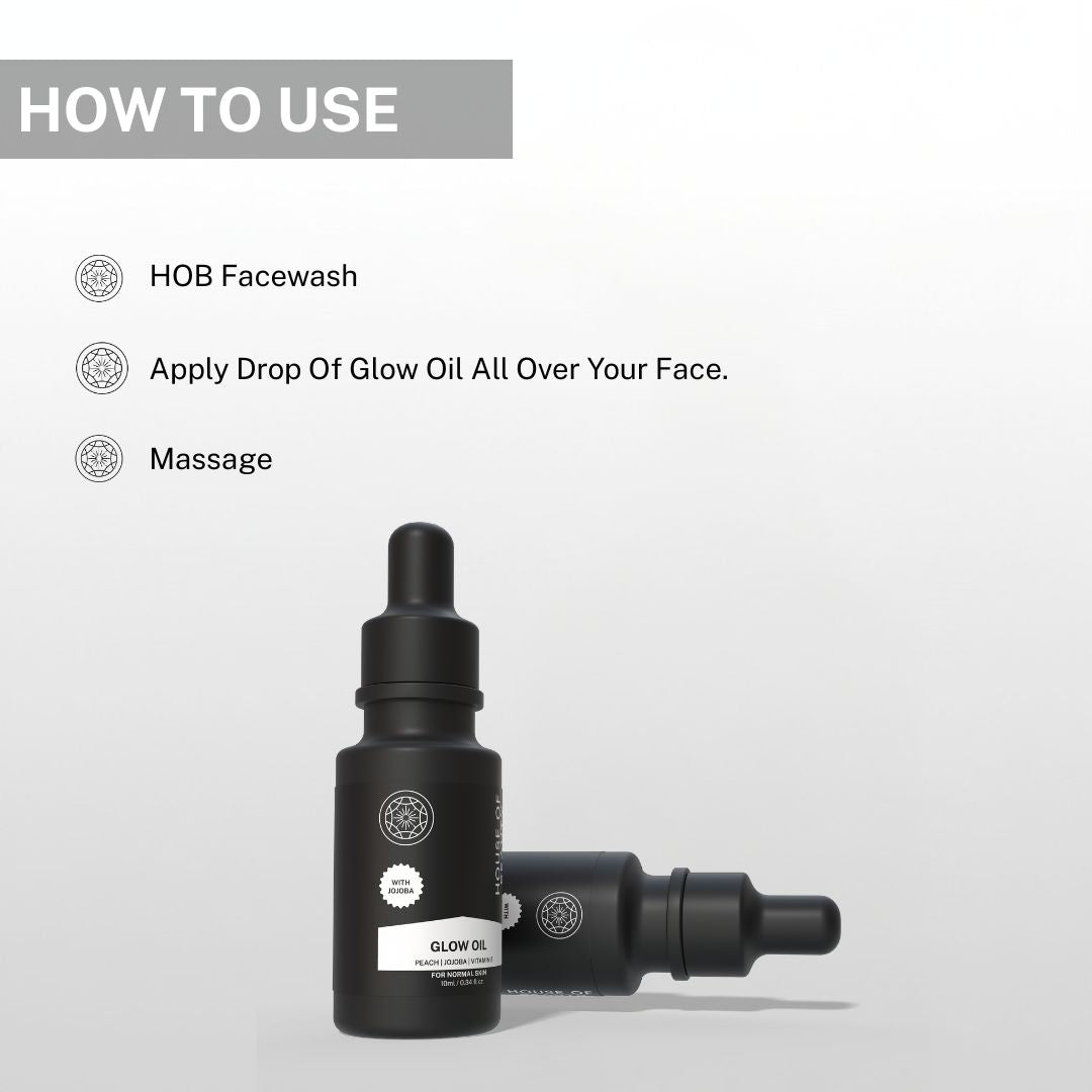 Instructions showing cleansing the face, applying a few drops of glow face oil and massaging gently for glowing hydrated skin.