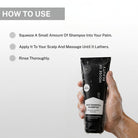 Step-by-step guide showing how to apply, lather, and rinse House of Beauty Anti Hairfall Shampoo with foam-covered hand holding the product.