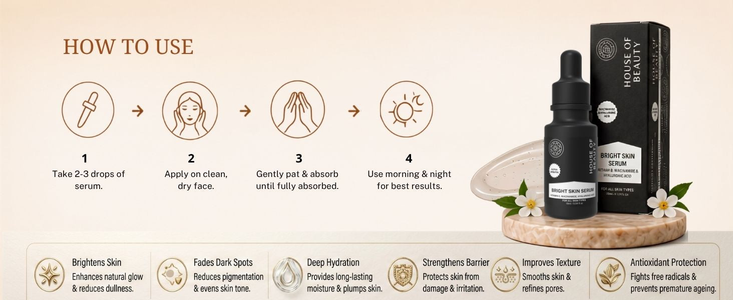 Step-by-step guide showing how to apply House of Beauty Bright Skin Serum, including application method, absorption tips, and skincare benefits like hydration and antioxidant protection.