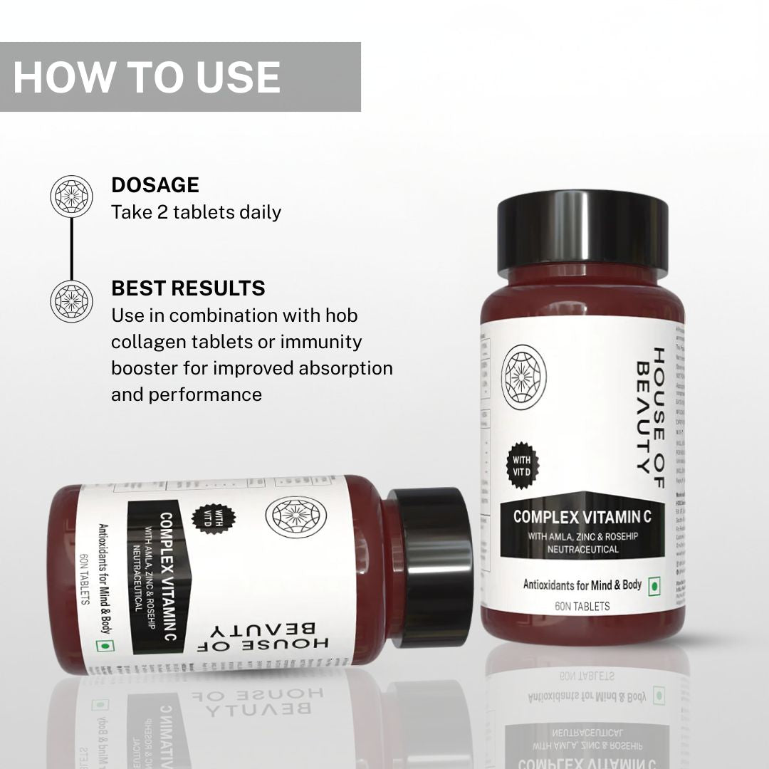 Usage guide for House of Beauty Complex Vitamin C tablets recommending two tablets daily and pairing with collagen or immunity boosters for better results.